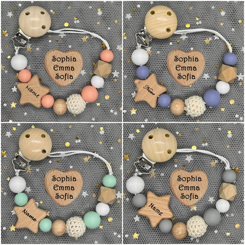 Baby Teethers - NEU Personalisierte Handgefertigte Buchen-Schnullerkette mit Namen,