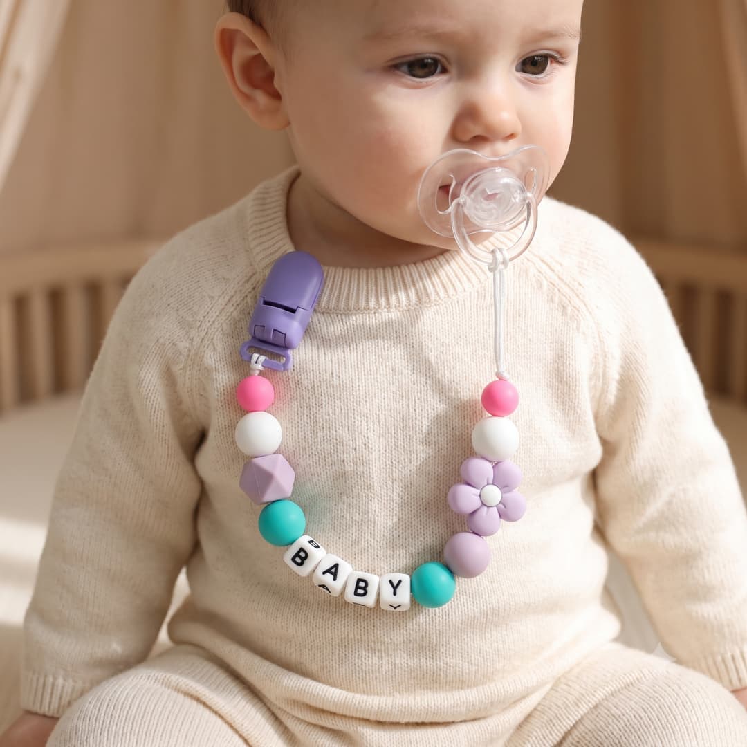 Baby Teethers - Personalisierter Schnullerclip mit individuellem Namen, Baby-Silikon-Blumen-Beißring,