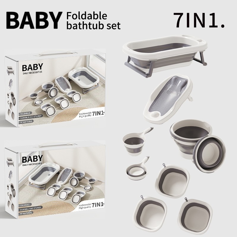 Baby Bath Tub Foldable - 4/7-teiliges zusammenklappbares Baby-Badewannen-Set mit Thermometer-Badewanne, Baby-Schlauch