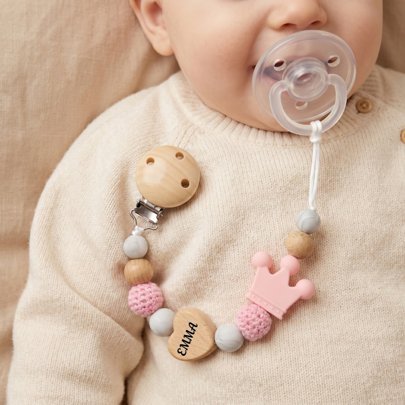 Baby Teethers - Personalisierter Baby-Schnullerclip Holzherz Silikon-Krone Beißring Schnullerkette