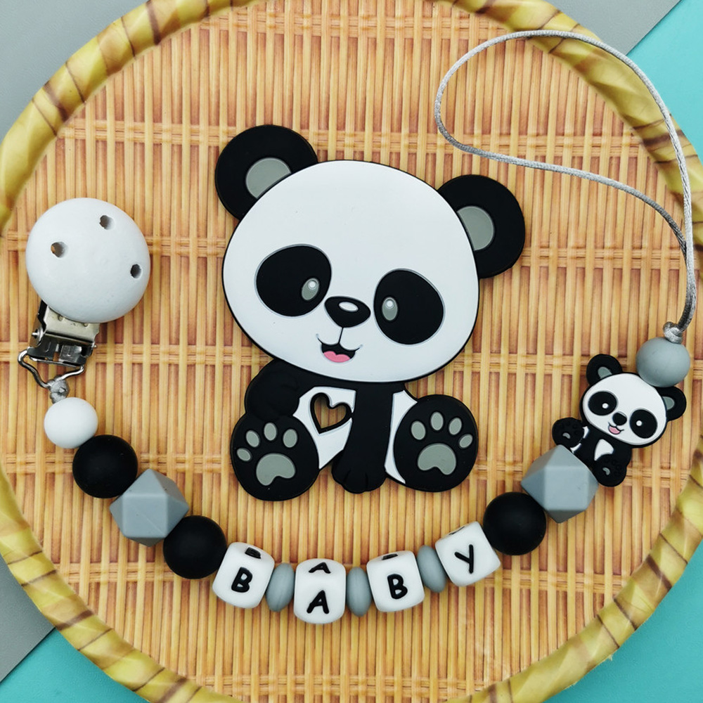 Baby Teethers - Personalisierte Baby-Silikon-Panda-Schnullerketten mit Namen, Beißanhänger, Kawaii-Spielzeug
