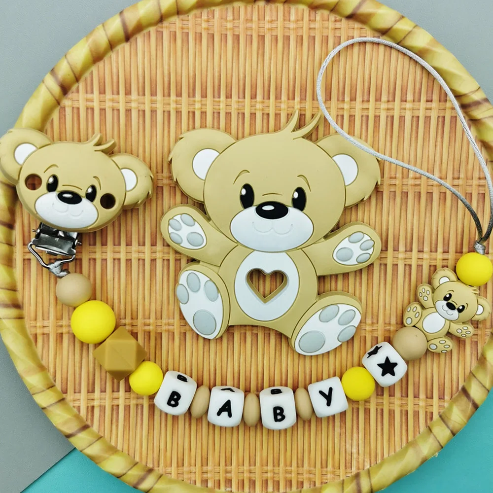 Baby Teethers - Personalisierte englisch-russische Silikon-Buchstaben-Namens-Babybär-Silikonperlen-Anhänger, Schnullerclips, Ketten, Beißring,